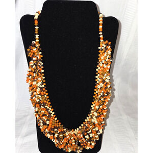 Multi Strand Seed Beads Necklace Fashion Fall Color Orange Brown Cream Costume